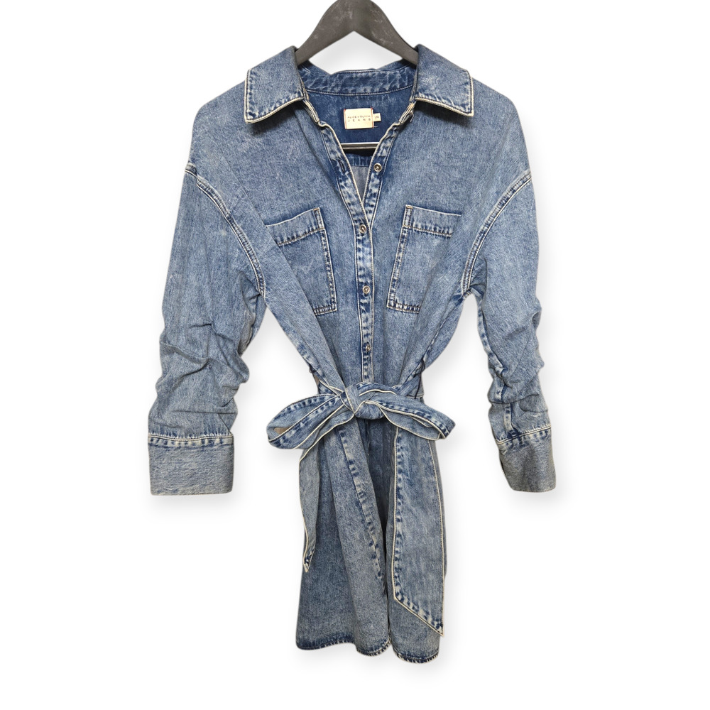 Alice + Olivia Belted Denim Mini Shirt Dress Casual Minimalist Western Large - Picture 4 of 7